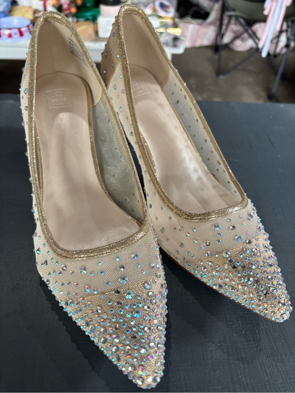 Hurley Nude/Gold Crystal-Studded Pointed Heels